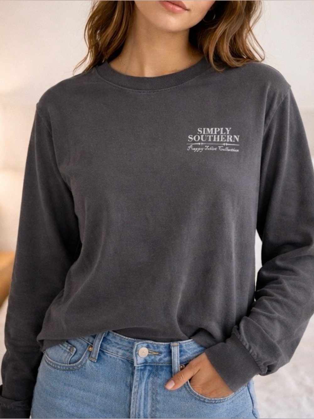 Simply Southern Charcoal Gray Long Sleeve Tee | USA Graphic Back